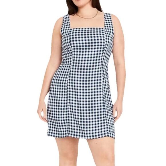 Old Navy Mini Dress Womens 3X Blue White Gingham Linen Blend Cottage Country - Picture 1 of 13